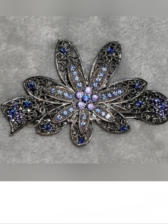 Accessories - Vintage Filigree Silver Crystal Rhinestone Flower Barrette Hair Clip Blue Purple